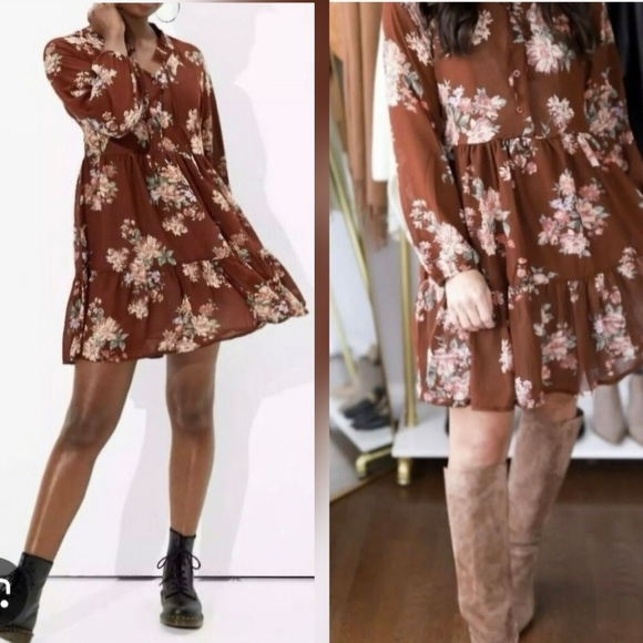 American Eagle Outfitters Dresses & Skirts - American Eagle Outfitters Brown Cream Tiered Long Sleeve Dress..SIZE:M